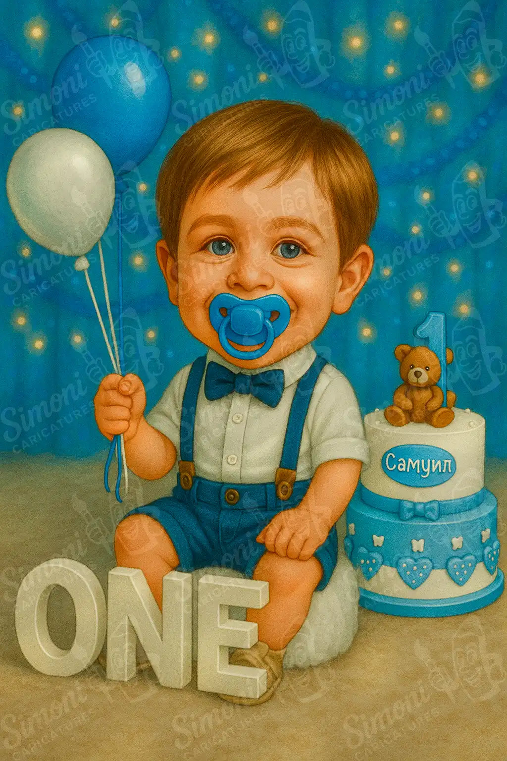 Карикатура на момченце за първи рожден ден с надпис „ONE“, балони, торта с мече и име Самуил. Детска илюстрация в синьо.